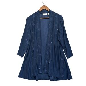 Susan Graver Cardigan Womens L Blue Liquid Knit Open Front Sequin Embroidered